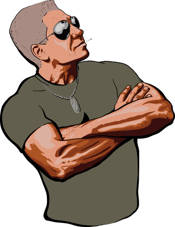brave American Sergeant in shirt and sunglasses looks provocatively folded armsのイラスト素材