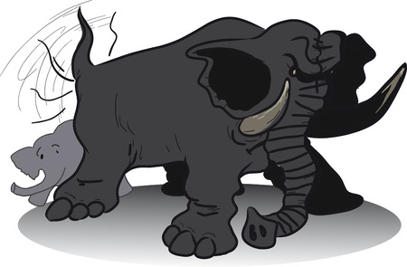 huge angry elephant wags its tail in fury, it was hiding behind small elephantのイラスト素材