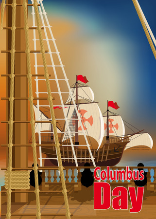 Illustration pour Columbus Day. The view from the deck of one of Columbus ships over the ocean and neighboring Caravel - image libre de droit