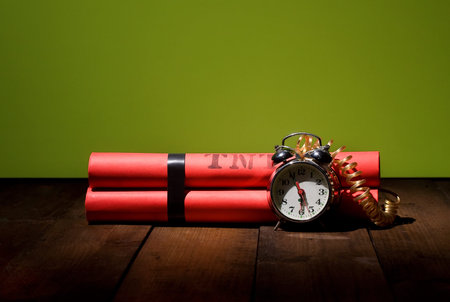 conceptual image about the alarm clock set for six o'clock in the morning before the heavy working...