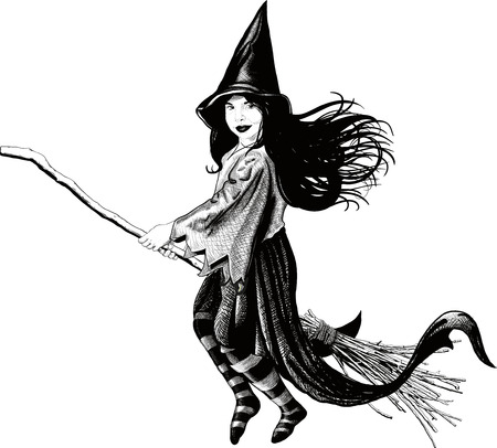 Little witch flying on her broom develop her dress and hairのイラスト素材