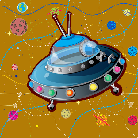 Realistic illustration of an unidentified flying object with an empty cabin in Space Backgroundのイラスト素材
