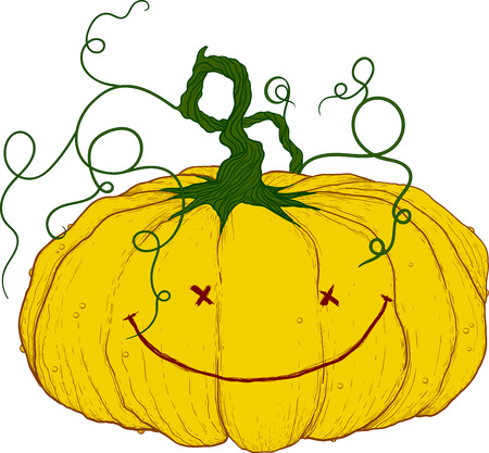 big yellow festive pumpkin with tail and funny little faceのイラスト素材