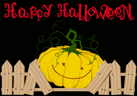 holiday card with smiling Halloween pumpkin that looks through broken fenceのイラスト素材