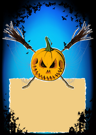 crossed brooms pumpkin and spider web, scary story Treatsのイラスト素材