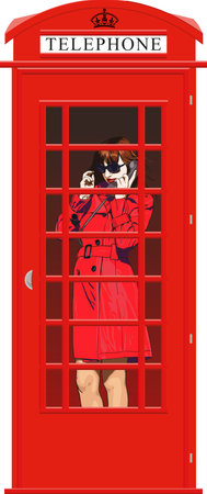 Beautiful young girl in bright clothes speak the English classic red phone boothのイラスト素材