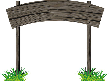 Old wooden plank horizontal empty sign on two poles in grunge style and green grass isolated on white background.のイラスト素材