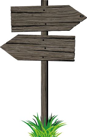 Wooden pattern sign two arrows in different directions in grunge style and green grass isolated on white background. Road sign.のイラスト素材