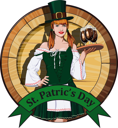 Young attractive Irish waitress in a green dress and hat carries glasses On a background of a beer budのイラスト素材