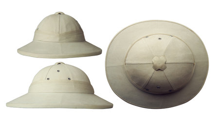 classic cork tropical colonial helmet in three projections isolated on white backgroundの写真素材