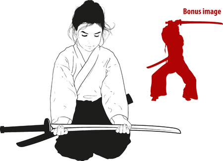 a little girl in a traditional Oriental sports kimono meditating before a swordのイラスト素材