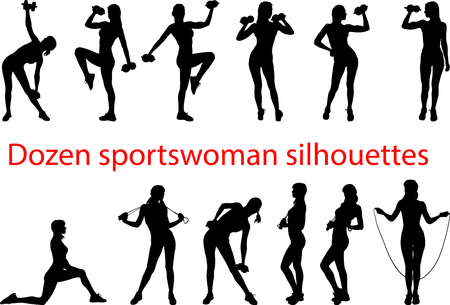 few silhouettes A young girl with a slim figure plays sports with dumbbells and a skipping ropeのイラスト素材