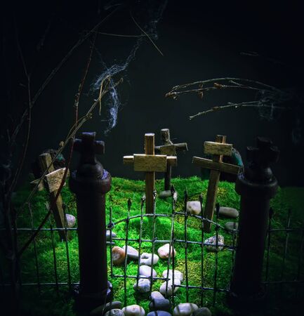 gloomy dark entrance to the toy cemetery. Through the trellised gates on the green grass, wooden crosses are visibleの写真素材