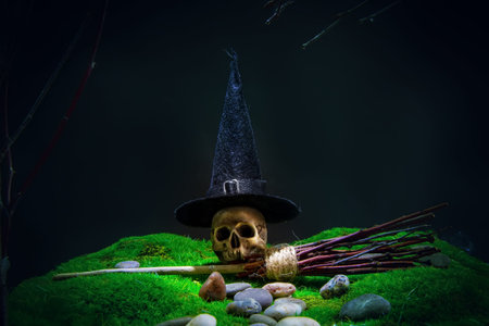 Halloween witch skull in a classic pointed hat with a broom for flying against the background of an...