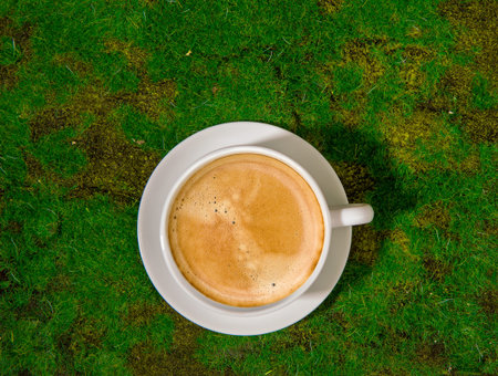 White cup of fresh coffee standing on green grass top viewの写真素材