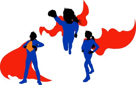 little girl in a supergirl costume in several poses in a red cloakのイラスト素材