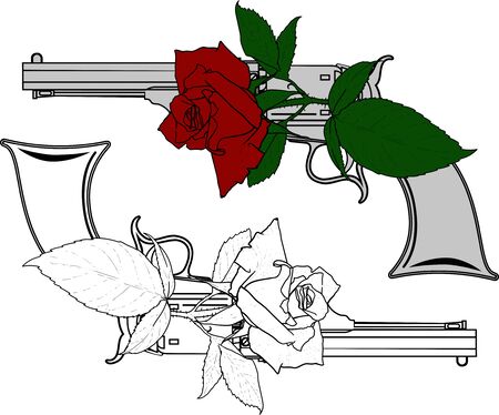 Old cowboy revolver and rose flower on it colored and black on a white backgroundのイラスト素材