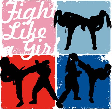 Karate girls professionally strike each other on a colored background and the inscription  fight like a girlのイラスト素材