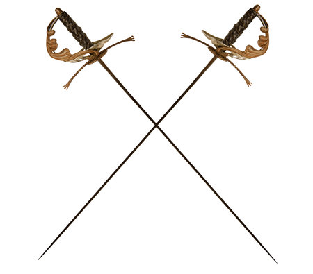 Two decorated vintage crossed epees for fencing isolated on white