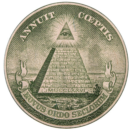 close-up of a fragment of a US bank one dollar bill with a Masonic pyramid symbol and an all-seeing...