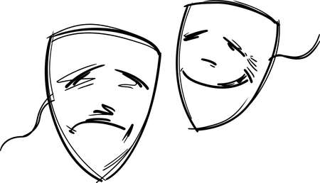 Two theatrical comedy and tragedy masks casually drawn in outline doodle form on white backgroundのイラスト素材