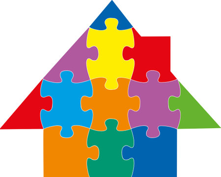 Sketchy house made up of colorful puzzles on a white backgroundのイラスト素材