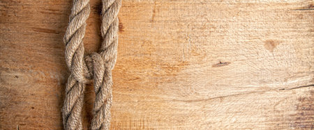 an old rough oak board and a nautical rope on it forming a frame with an empty space