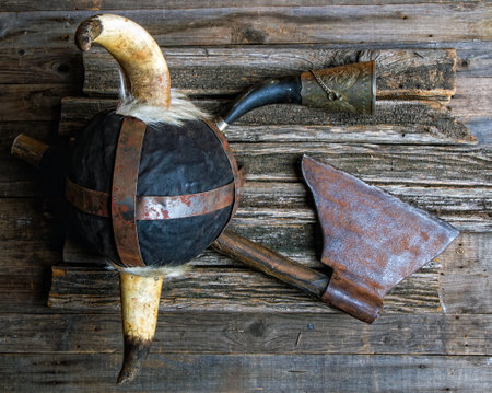 battle ax horned helmet and viking signal horn on rough wooden table top viewの写真素材