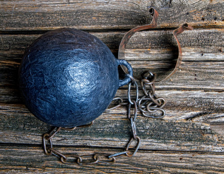 blank steel heavy prisoner ball on rough wooden table top viewの写真素材