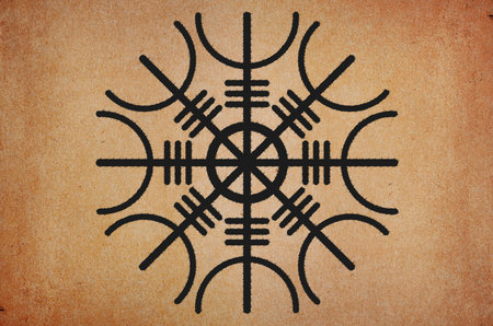 Amulet helmet of horror ancient strong scandinavian mythical rune vector illustration on grunge backgroundの写真素材