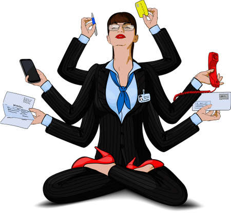 Concept. Young business woman in the image of the multi-armed deity Shiva copes with multitasking while sitting in the yoga Lotus positionのイラスト素材