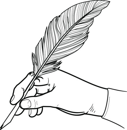 male hand holding a bird feather pen for writing or drawing. Black on white backgroundのイラスト素材