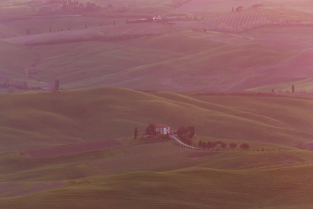 A farmhouse with cypresses at sunrise in tuscany italy