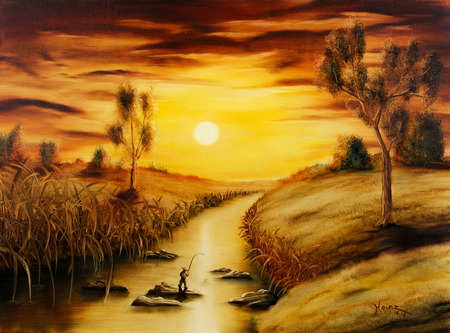 Oil painting of a small fishermanの写真素材