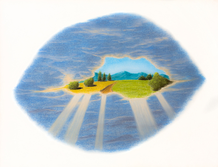 Painting pastels of a landscape in a cloudの写真素材