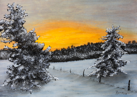 Painting pastels a winter landscapeの写真素材