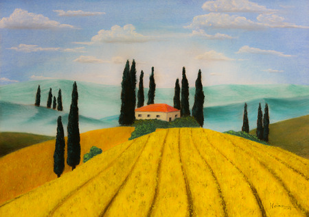 Painting pastels a farm in Tuscanyの写真素材