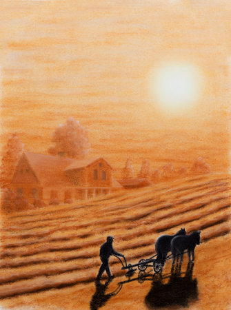 Painting Pastel of a farmer plowing his countryの写真素材