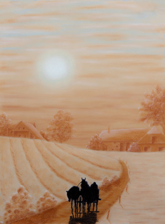 Painting Pastel of a farm and a carriageの写真素材