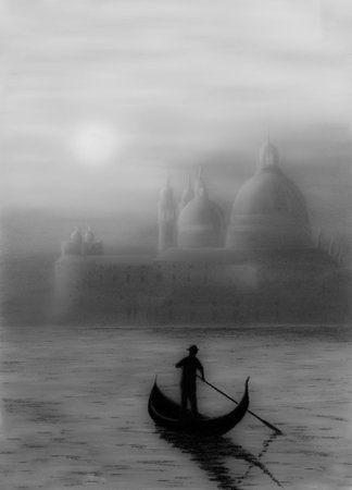 Painting Pastel of a church in Venice with a gondolier monochromeの写真素材