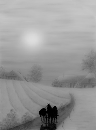 Painting Pastel of a farm and a carriage in the foreground monochromeの写真素材