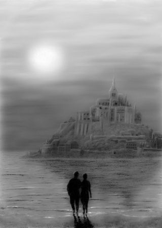 Painting Pastel from Mont St. Michel in France monochromeの写真素材