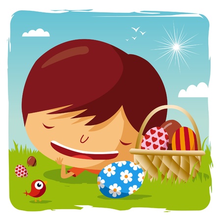 happy easter - boy lying in the grass with his easter eggsのイラスト素材