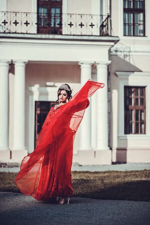 Beautiful girl posing near the old palace, dynamics, top-downの写真素材