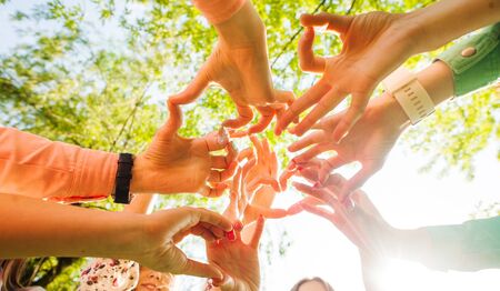 Hands of young people in the nature, team conceptの写真素材