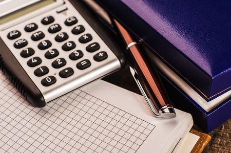 Set of business, pen, calculator, notepad, office suppliesの写真素材