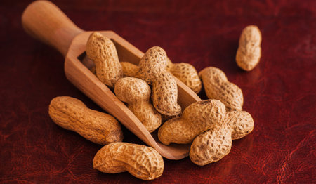 Peanuts in nutshell on a piece of wood.Many roasted peanuts on the wooden texture