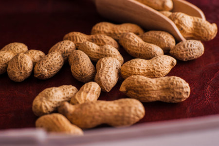 Peanuts in nutshell on a piece of wood.Many roasted peanuts on the wooden texture