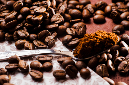 ground coffee.Spoon ground coffee.sugar cubes.coffee beansの写真素材