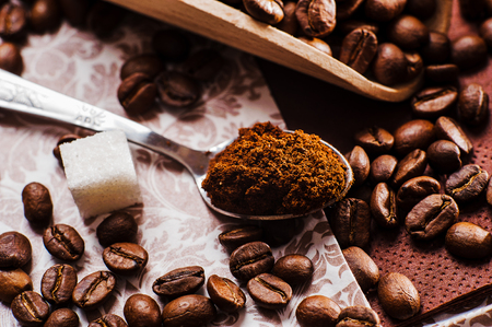 ground coffee.Spoon ground coffee.sugar cubes.coffee beansの写真素材